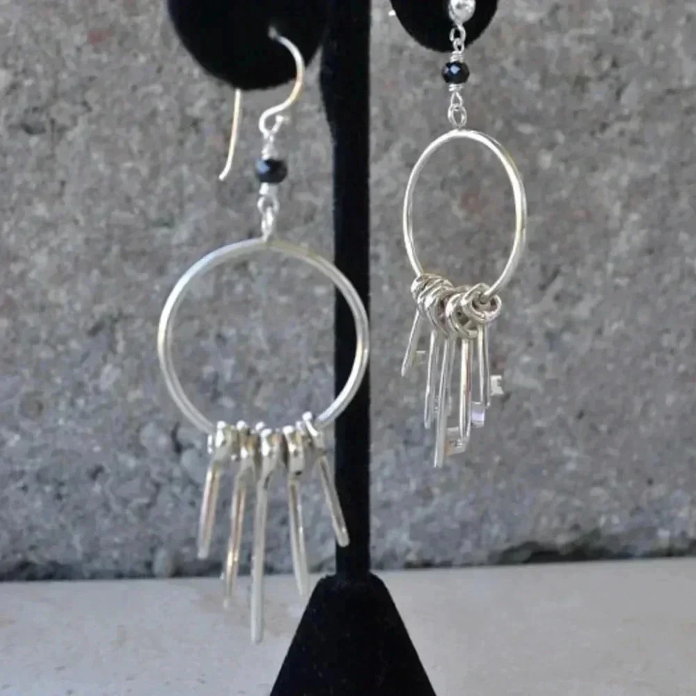 Key Hoop Earrings, Jane The Virgin,Solid Sterling Silver,Black Spinel - Picture 2 of 3
